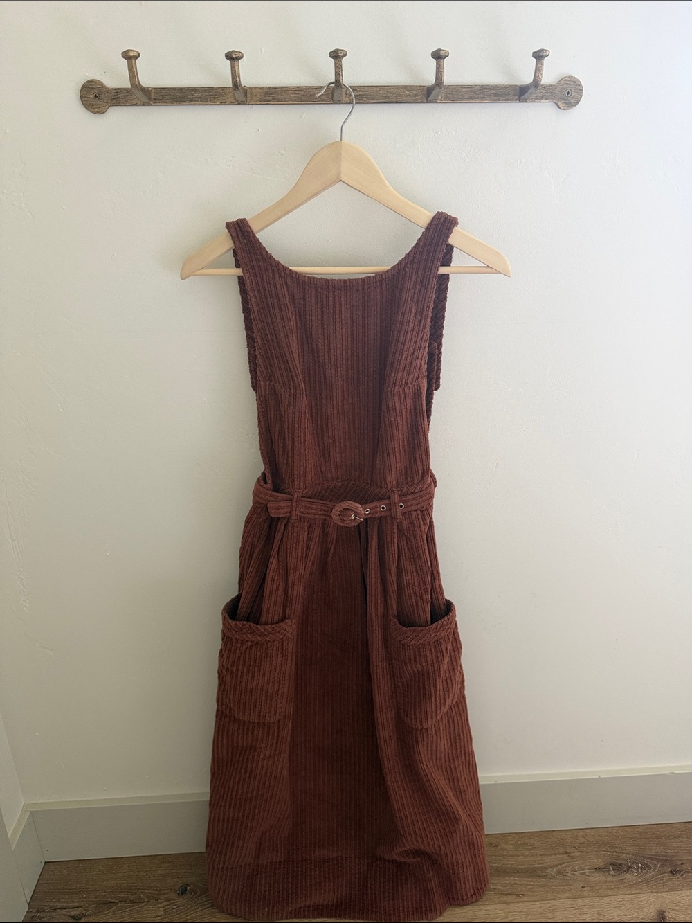 Free People Rust-Brown Corduroy Pinafore Midi Dress with Belt